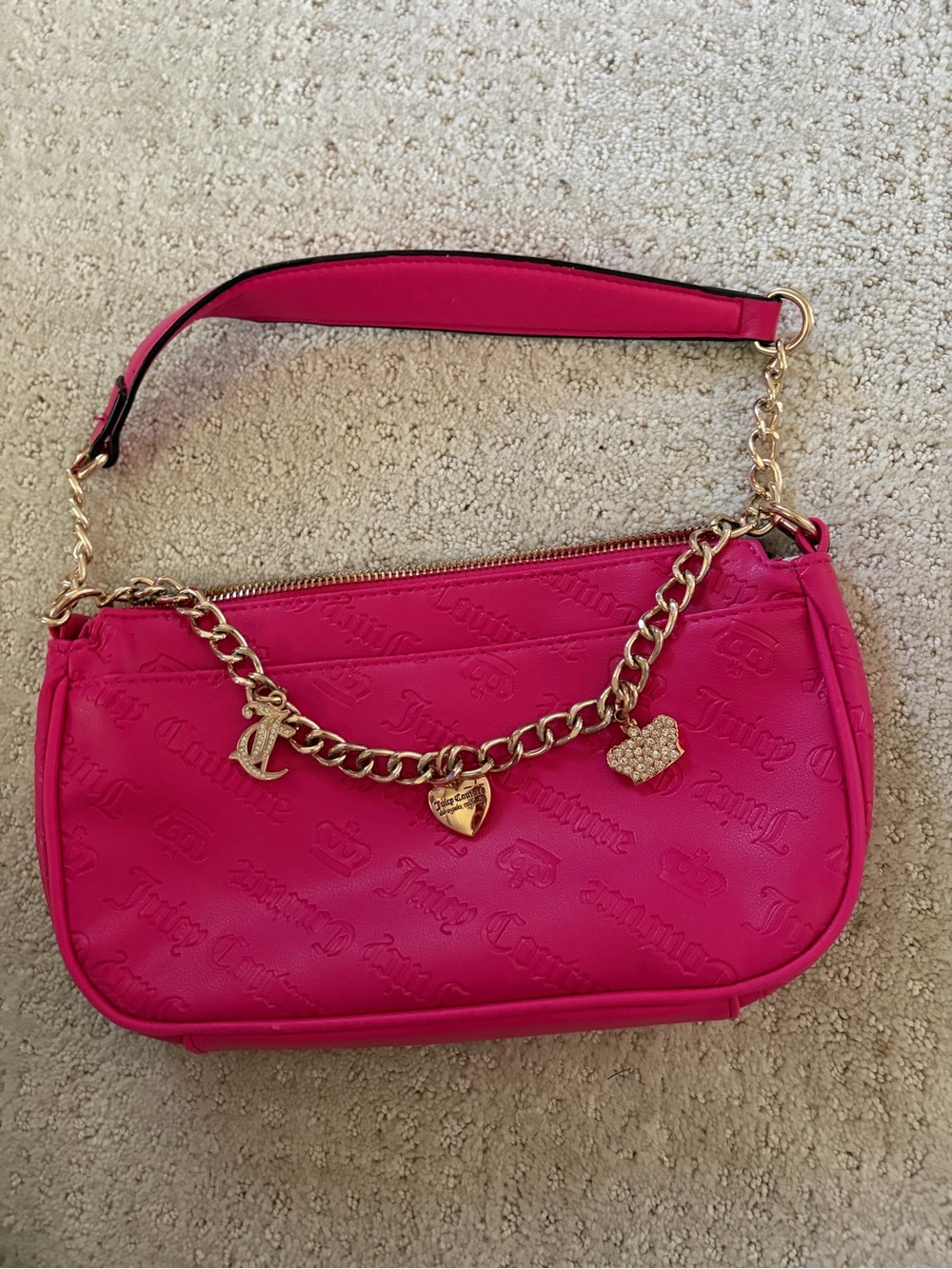 Juicy Couture Bright Pink Embossed Logo Shoulder Bag with Gold Charm Chain
